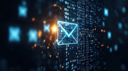 Digital streams of binary code and data flow around a glowing blue mail icon, representing the convergence of email and technology in the modern world