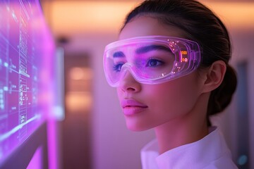 Professional beautician using advanced technology for skin care with holographic control panel. Generative AI