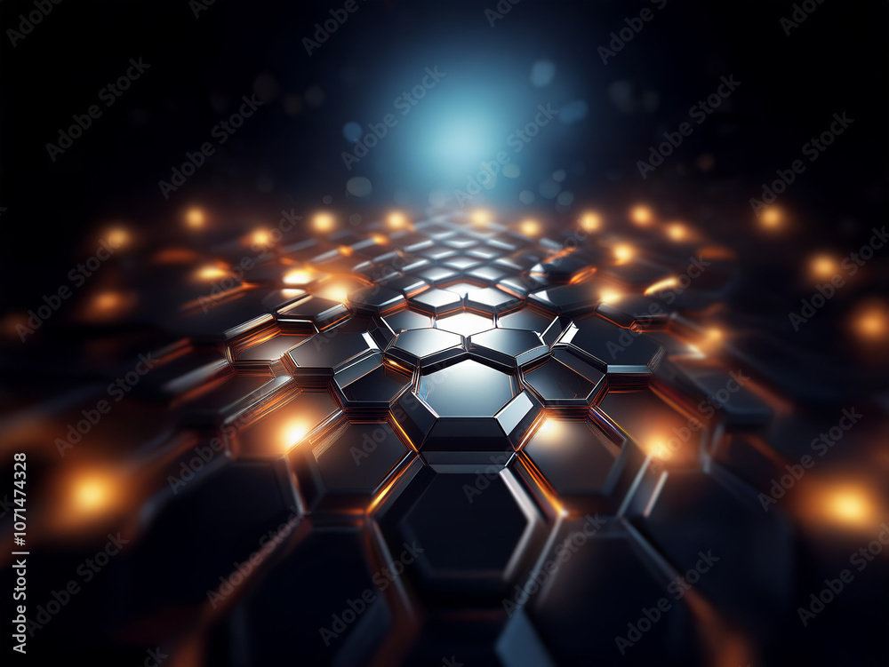 Poster A dark, abstract background features a honeycomb pattern with glowing lights.