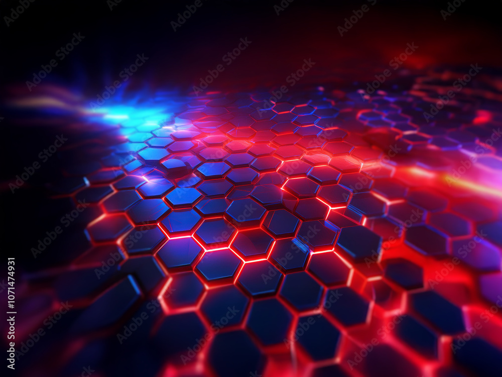 Fototapete a dark background with a blue and red glowing hexagonal pattern.