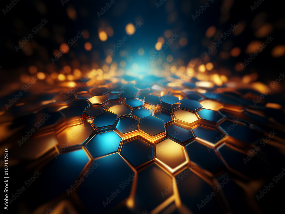 Fototapete a close-up view of a metallic honeycomb pattern illuminated by glowing lights.