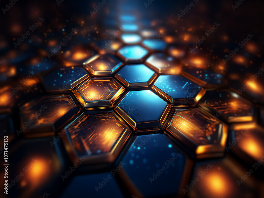 Poster an abstract image of a hexagonal pattern with a glow emanating from the center. the hexagons are met