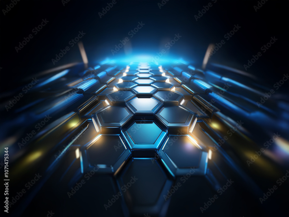 Poster A dark background with a glowing blue and yellow hexagonal pattern receding into the distance.