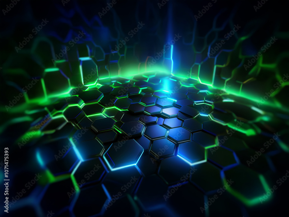 Fototapete abstract image featuring a hexagonal grid with glowing neon green and blue lines.