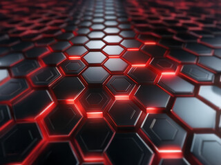 A futuristic, abstract background of glowing red lines on a black hexagonal pattern.