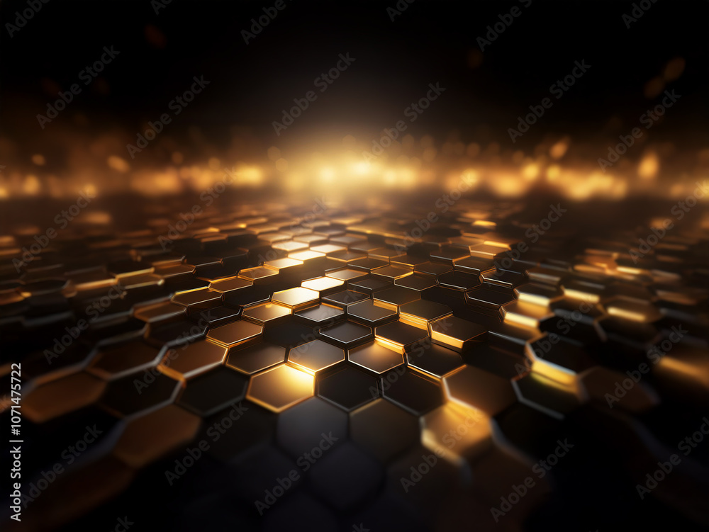 Aufkleber A dark background with a glowing honeycomb pattern in the foreground. The honeycomb is made of gold and black. The glow is coming from behind the honeycomb.