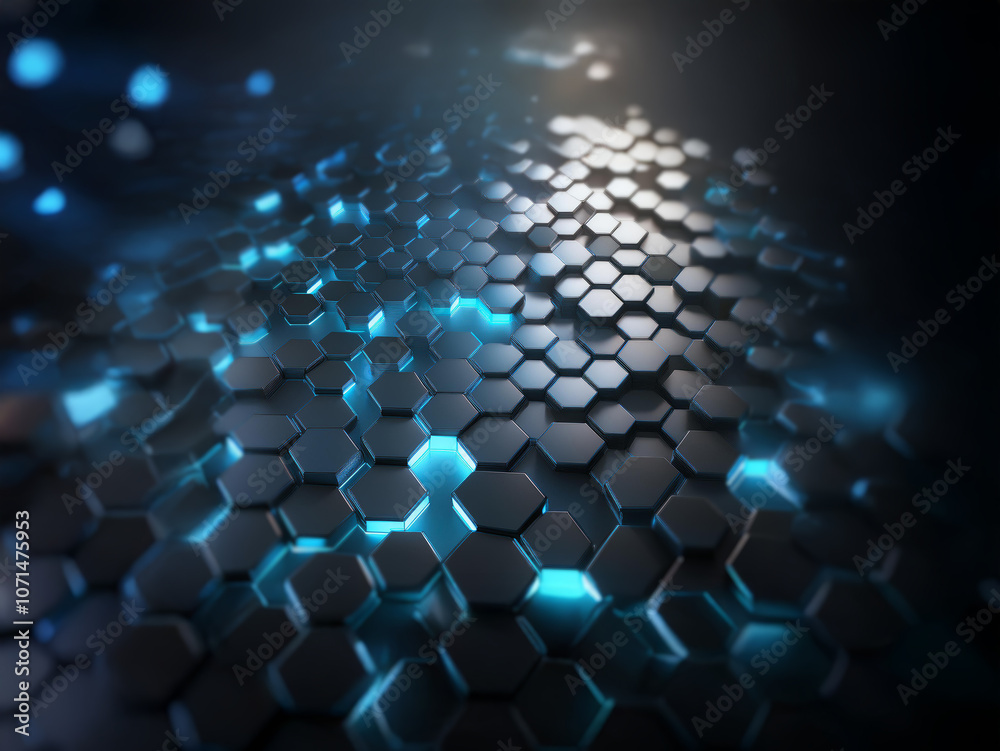 Poster A dark, futuristic background with a textured surface composed of hexagonal shapes, with some glowing blue.