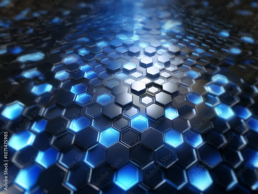 Fototapete a dark background with a pattern of blue glowing hexagons on a textured surface.
