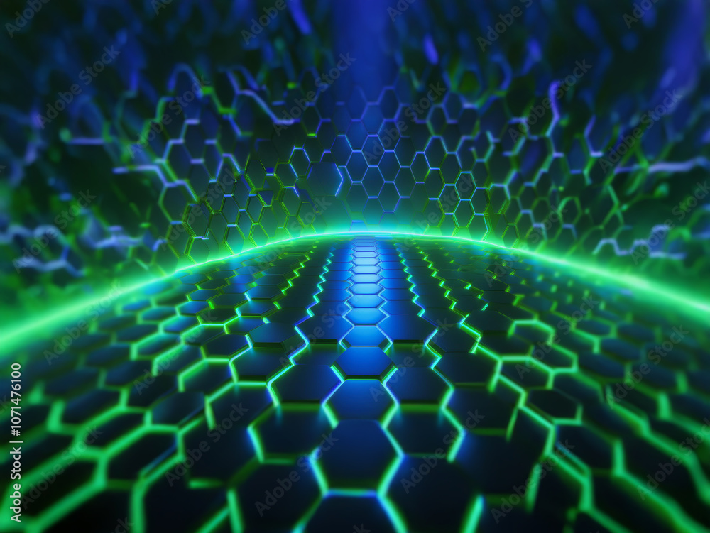 Poster A futuristic, abstract background with a glowing green and blue hexagonal pattern on a curved surface.