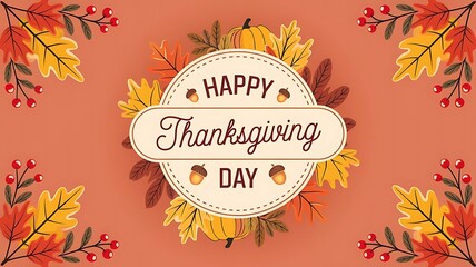 Festive "Happy Thanksgiving Day" Cursive Text Surrounded by Autumn Leaves, Pumpkins, and Red Berries on a Coral Background