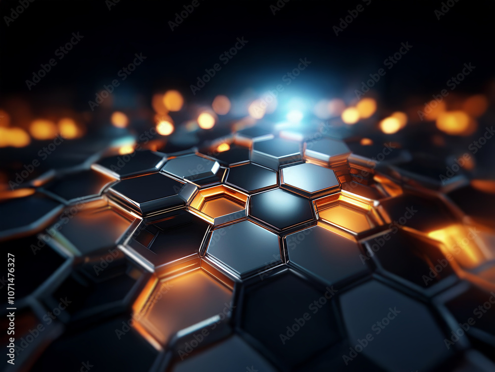 Aufkleber A close-up view of a metallic hexagonal pattern, illuminated by warm and cool lights.