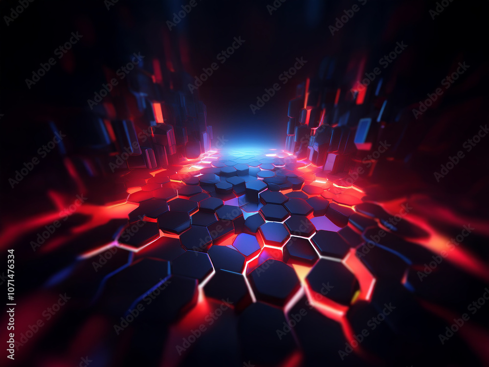 Aufkleber A dark, futuristic landscape with a glowing path of hexagonal tiles in red and blue light.