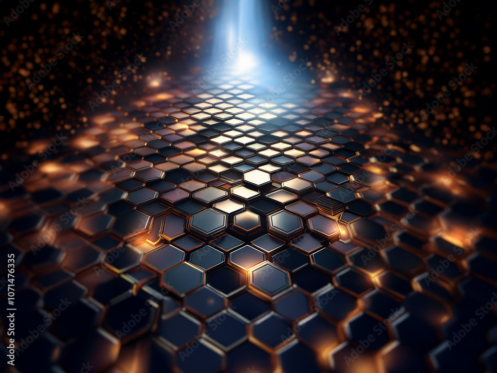 Poster a glowing pathway of hexagonal tiles leading into the distance, illuminated by a bright light source