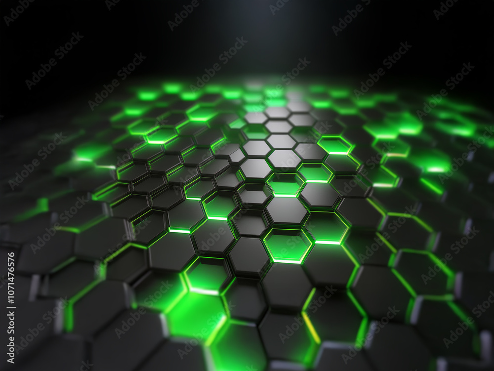Leinwandbilder A dark, abstract background with a repeating pattern of glowing green hexagons.