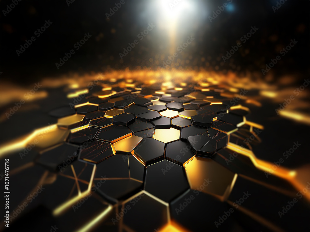 Poster A glowing pathway of hexagonal tiles fades into a dark, futuristic background with glowing particles.