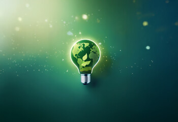 A glowing lightbulb with a green earth inside against a green background with sparkling lights.