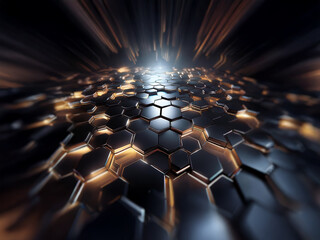 Obraz premium A dark, abstract image with a honeycomb pattern made up of shiny, metallic, hexagonal shapes with a light source in the distance.