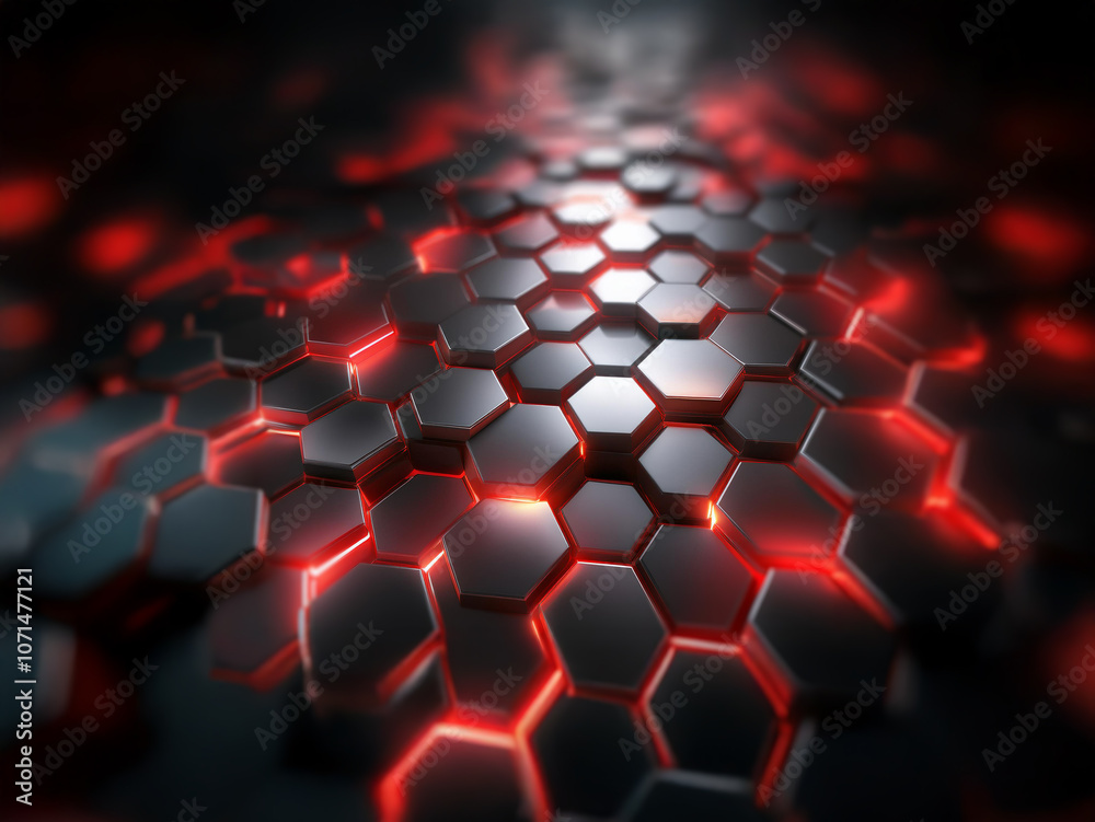 Leinwandbilder A textured surface of hexagonal shapes in dark grey with a red glow emanating from the center.
