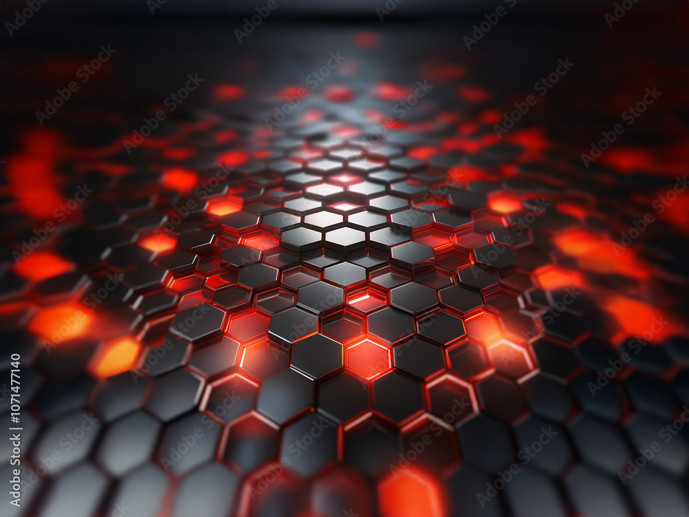 Aufkleber A dark metallic surface with a repeating hexagonal pattern.  The hexagons are illuminated with a soft glow of red light.