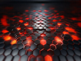 Obraz premium A dark metallic surface with a repeating hexagonal pattern. The hexagons are illuminated with a soft glow of red light.