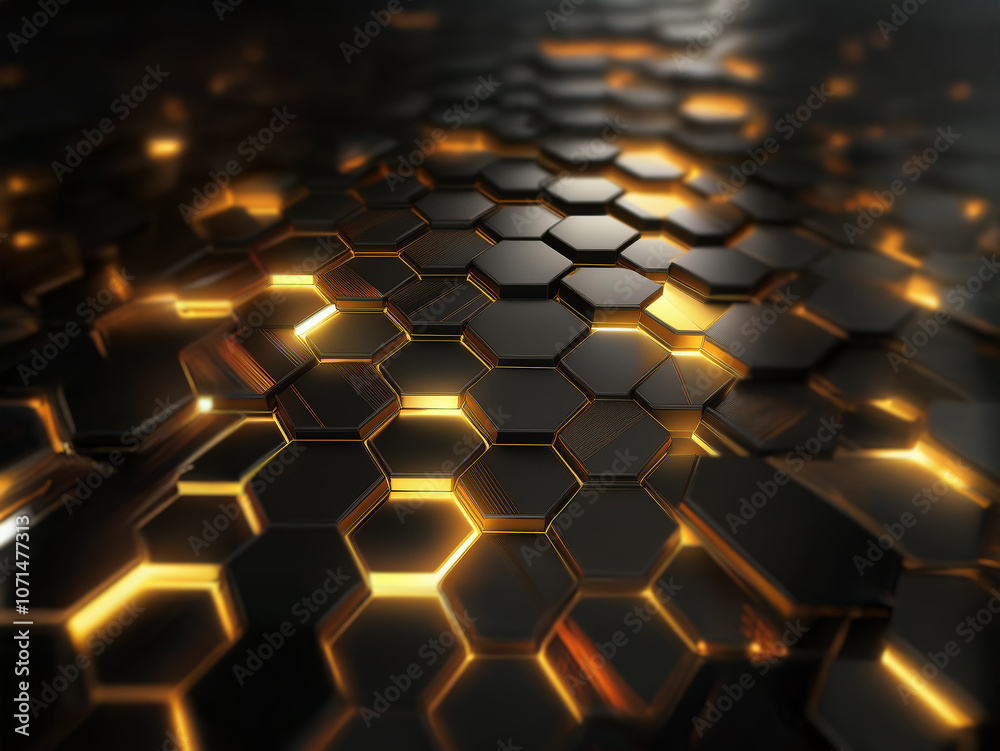 Poster a repeating pattern of black hexagons with glowing yellow lights.