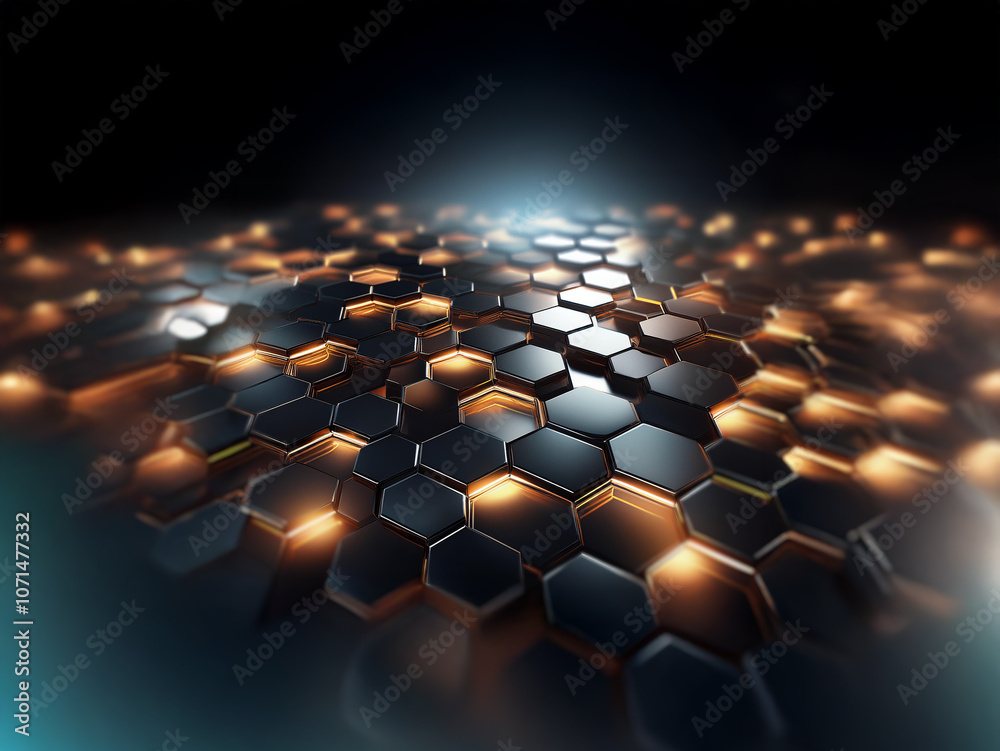 Aufkleber a grid of shiny black hexagonal tiles glows with warm orange light, fading into a dark, almost black