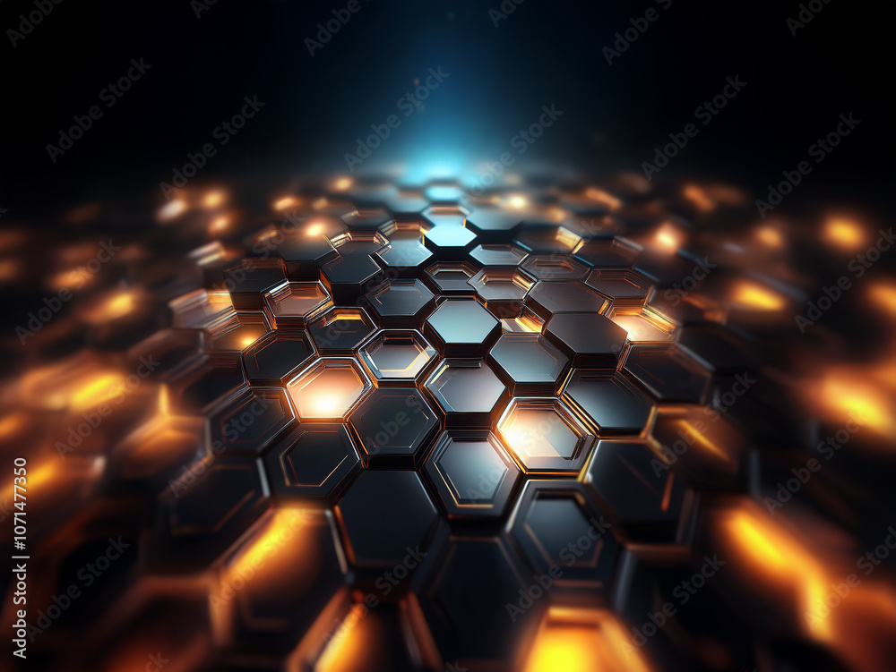 Fototapete A dark, abstract background with glowing orange and blue lights emanating from a hexagonal pattern.