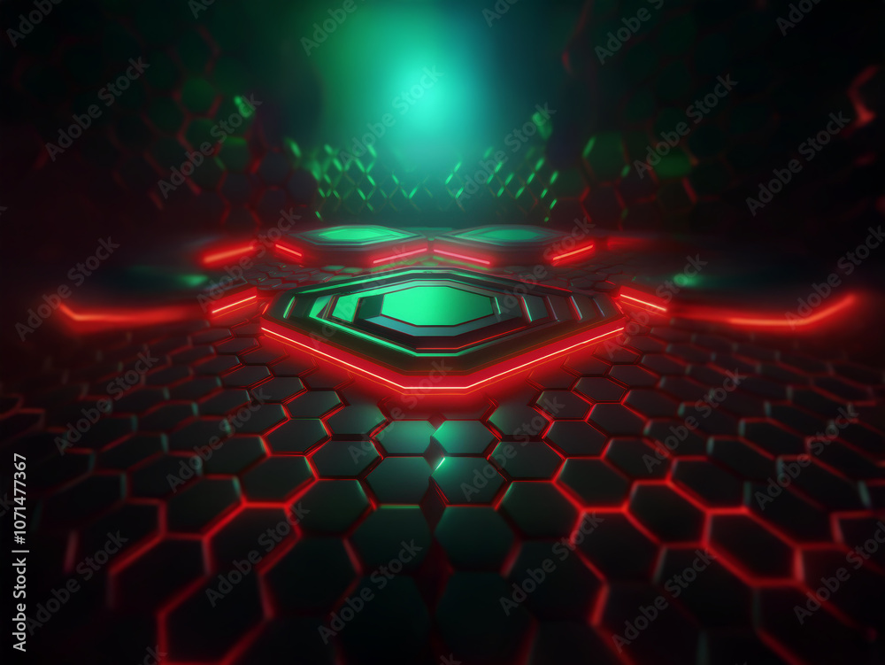 Aufkleber a futuristic, abstract scene with a glowing green light and red neon lines. the background is a hone