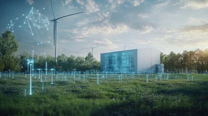 Obraz premium Smart wind power station connected to the data and automatic control system, adjusting the operation according to the wind speed to increase efficiency.