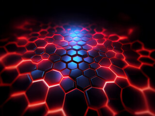 A grid of black hexagonal shapes, glowing with red and blue light.