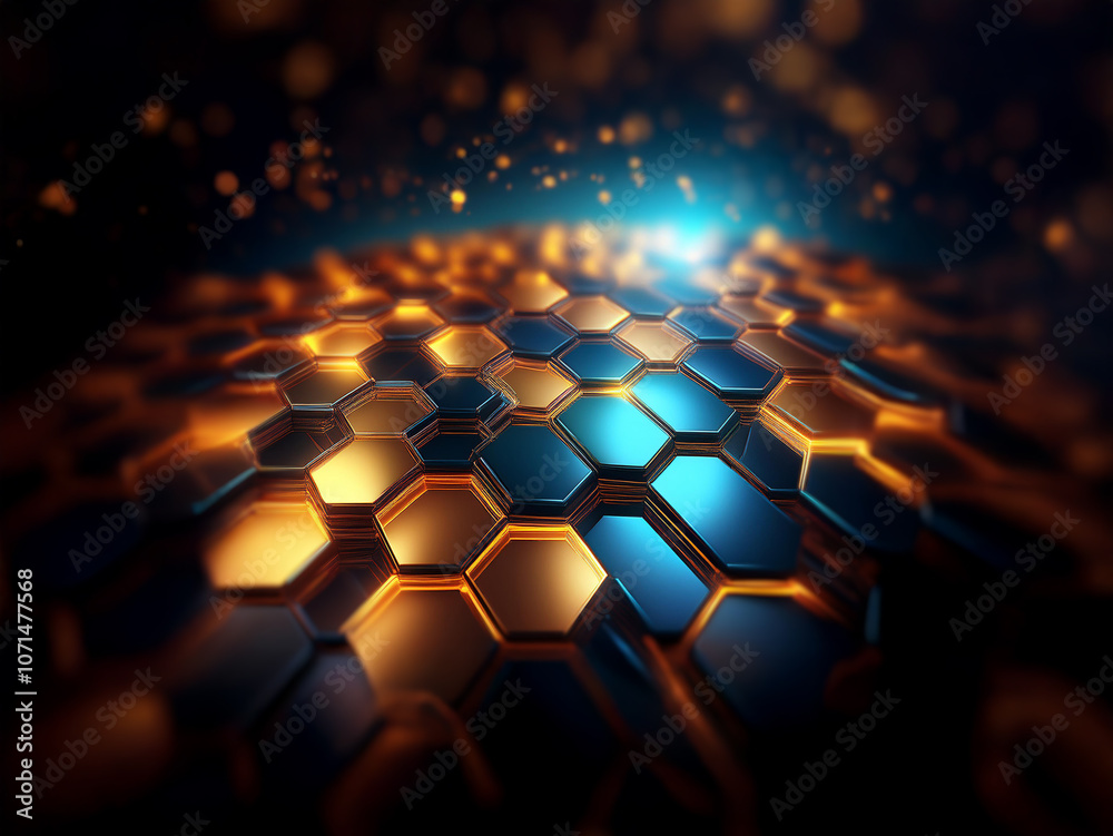 Aufkleber A  3D digital abstract rendering of a geometric honeycomb pattern with shiny golden and blue hexagons and a glowing background.