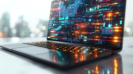 A laptop computer with a glowing screen displaying digital data and code.