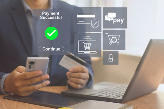  online shopping and  payment transaction process, secure online payment, internet banking, fintech, digital money transfer, e-commerce, wallet app concept 