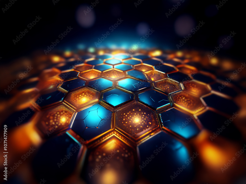 Poster a close-up view of a hexagonal grid made of metallic blue and orange surfaces with a subtle, blurry 