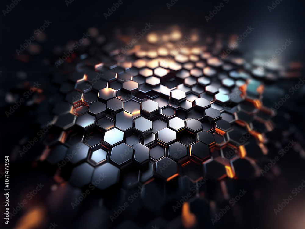Poster a close up of a dark, metallic, hexagonal pattern with a glowing orange light shining through the ge