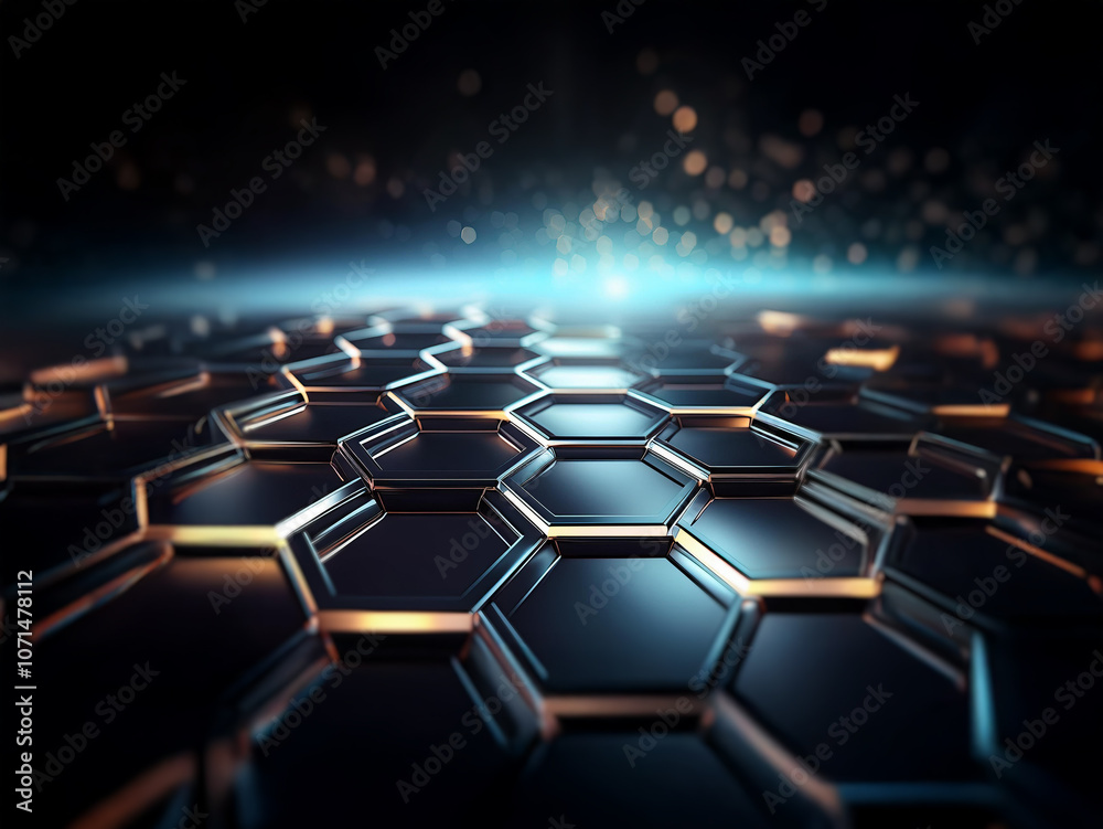 Poster a close-up view of a metallic honeycomb pattern with a glowing blue and orange light emanating from 