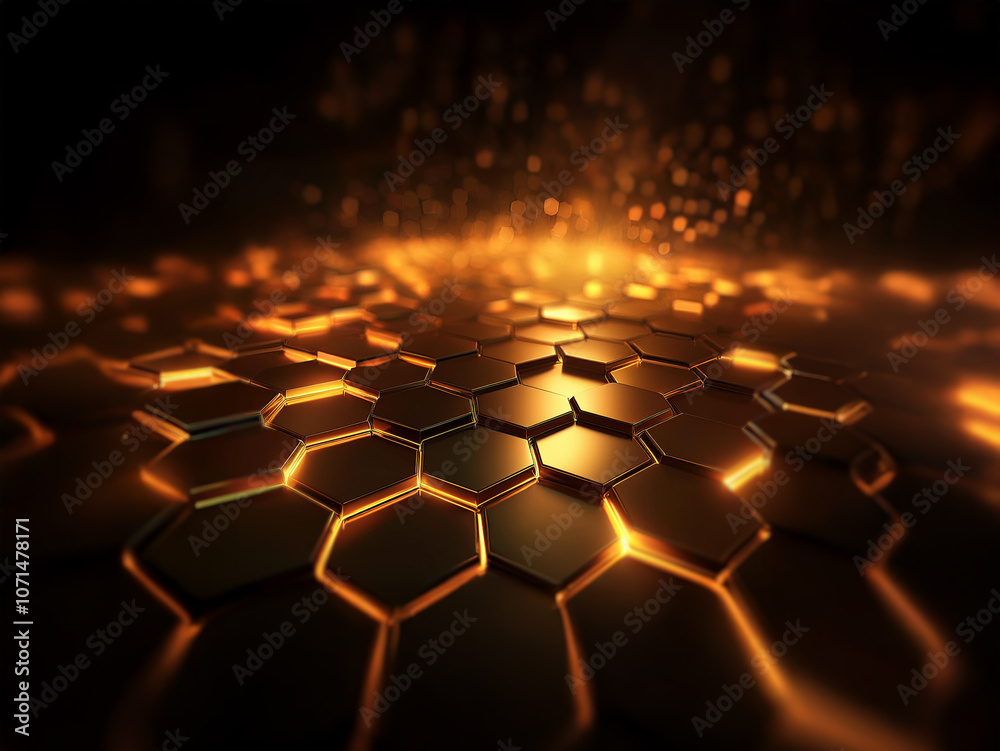 Poster A black background with a hexagonal grid made up of metallic gold shapes that are lit from beneath.  The light creates a soft glow emanating from the center.