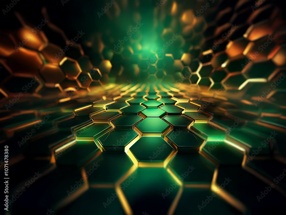 Poster A glowing green and gold honeycomb pattern creates a perspective effect in an abstract background.