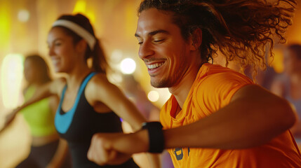 Energetic group fitness class with smiling participants in bright gym setting