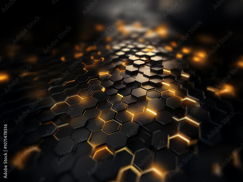 Poster A dark background with a grid of glowing hexagonal shapes creates a futuristic and technological feel.