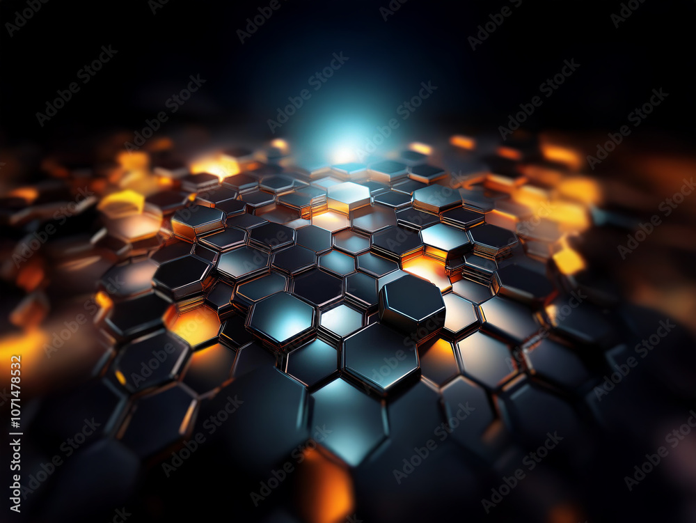 Poster A futuristic abstract background with a honeycomb pattern, lit from below with a soft, blue light. The hexagons are metallic and textured, with some glowing orange.