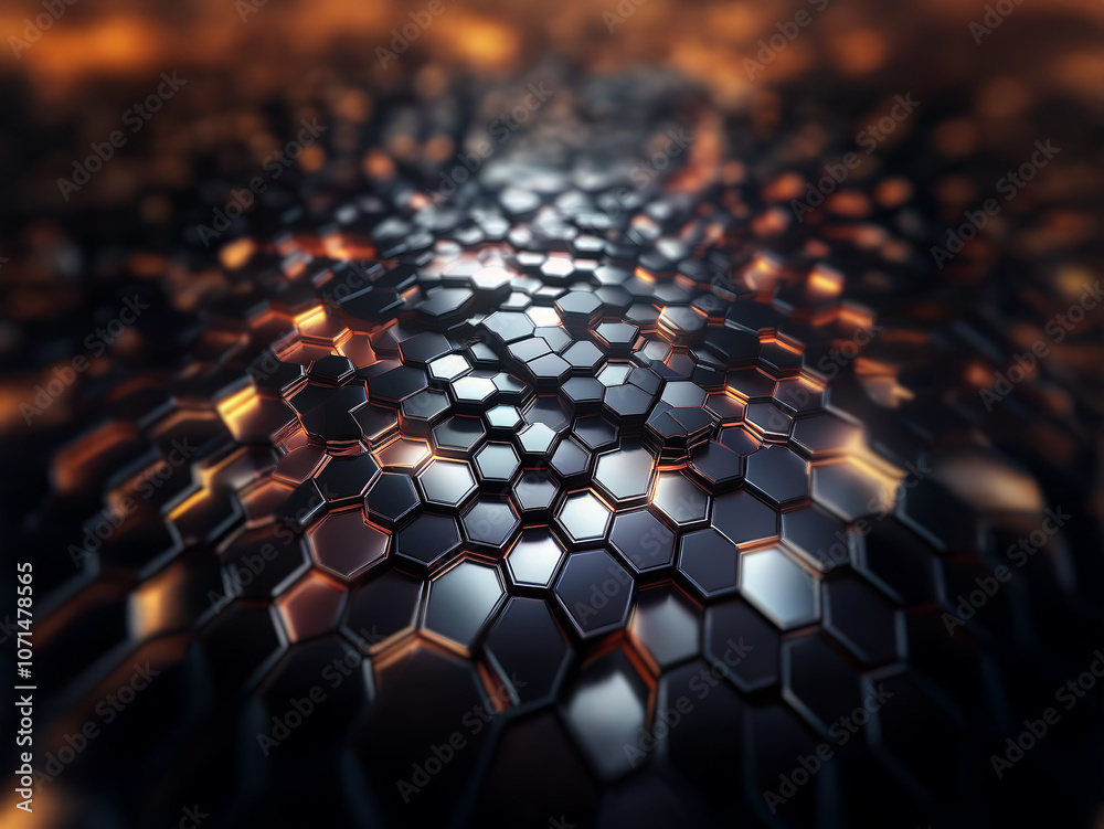 Poster A close up of a dark metallic surface with a honeycomb pattern. Some of the hexagons glow orange.