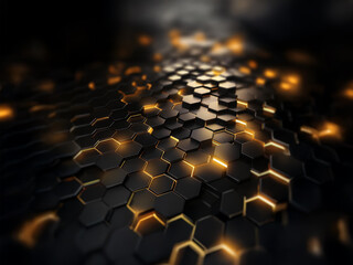 Obraz premium A dark background with a grid of glowing hexagonal shapes creates a futuristic and technological feel.