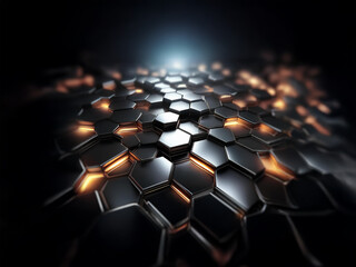 Obraz premium A dark background with a metallic hexagonal surface. The surface is illuminated with bright orange and blue light.