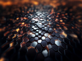 Obraz premium A close up of a dark metallic surface with a honeycomb pattern. Some of the hexagons glow orange.