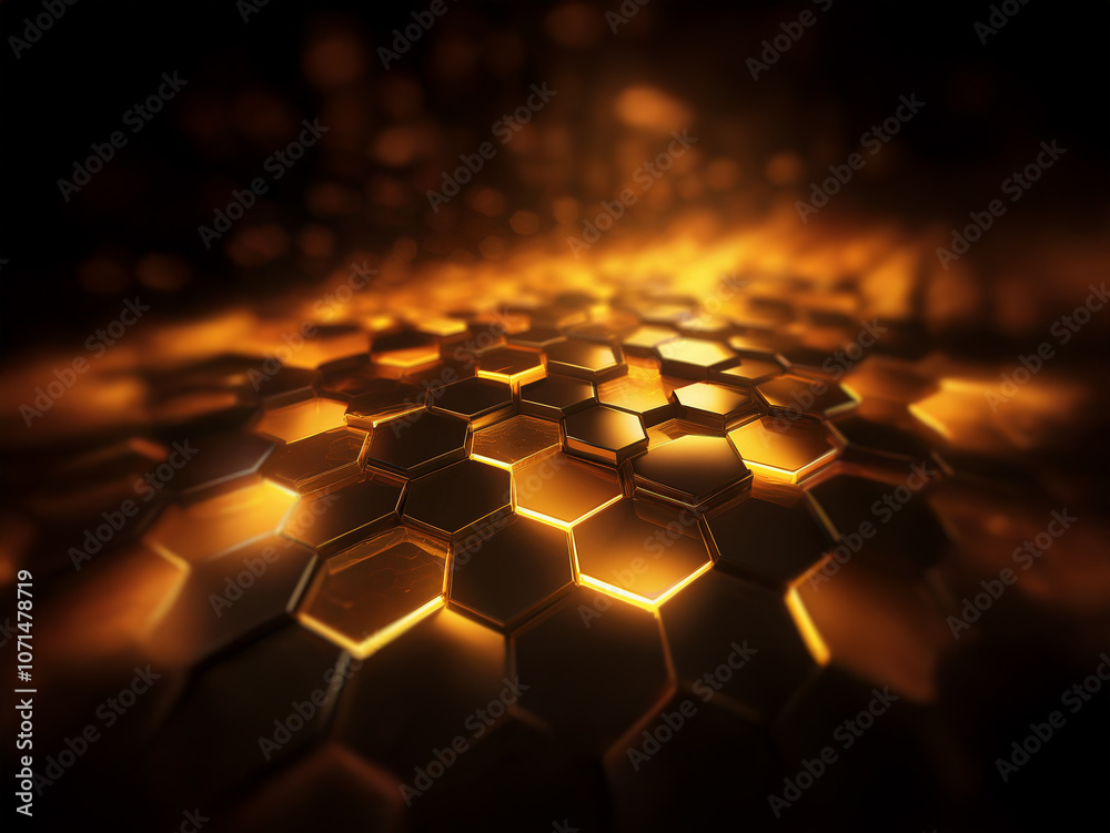 Poster a golden honeycomb pattern with glowing lights, creating a futuristic and abstract background.
