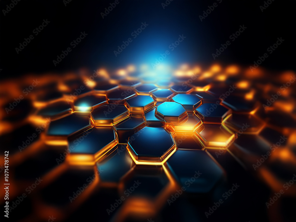 Leinwandbilder an abstract 3d render of a honeycomb pattern with gold and blue highlights. the honeycomb is illumin