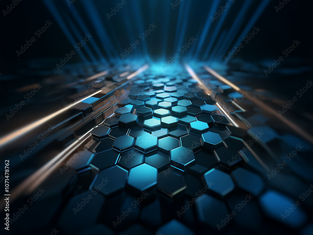 Fototapete a dark abstract background featuring a pattern of blue, metallic hexagons illuminated by a white lig