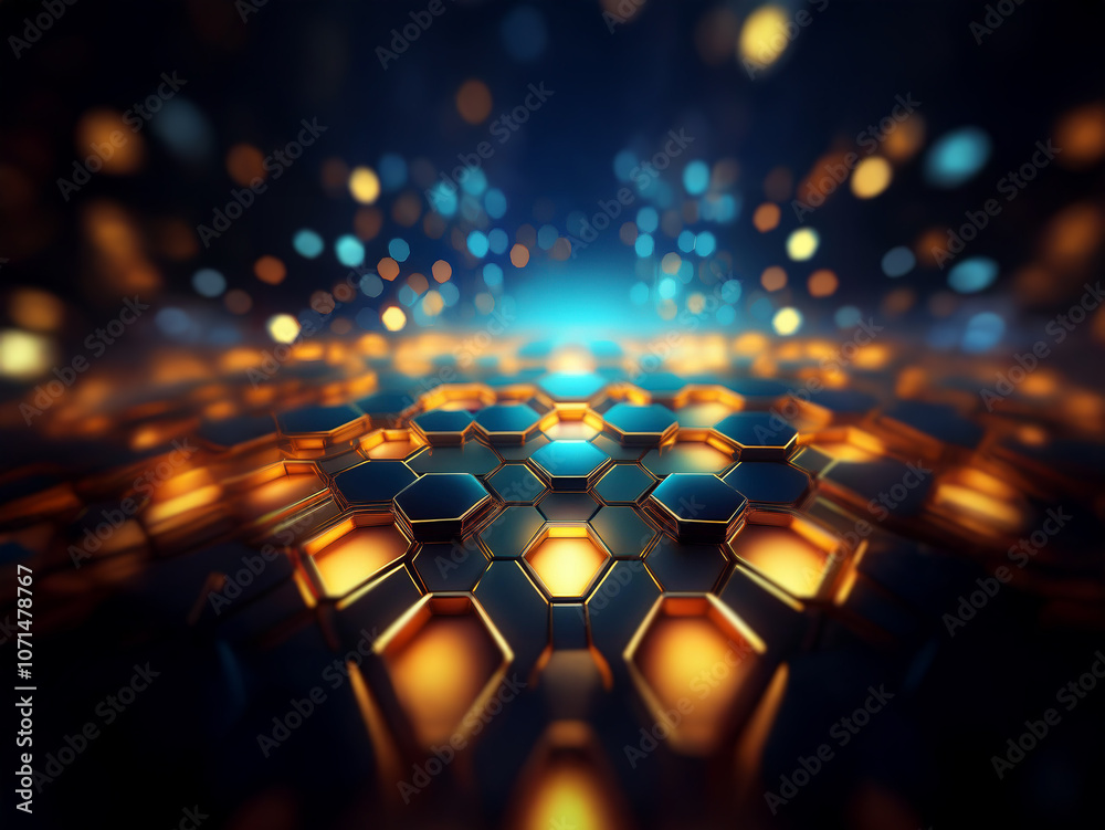 Poster a futuristic cityscape with glowing lights, a honeycomb pattern, and abstract shapes.