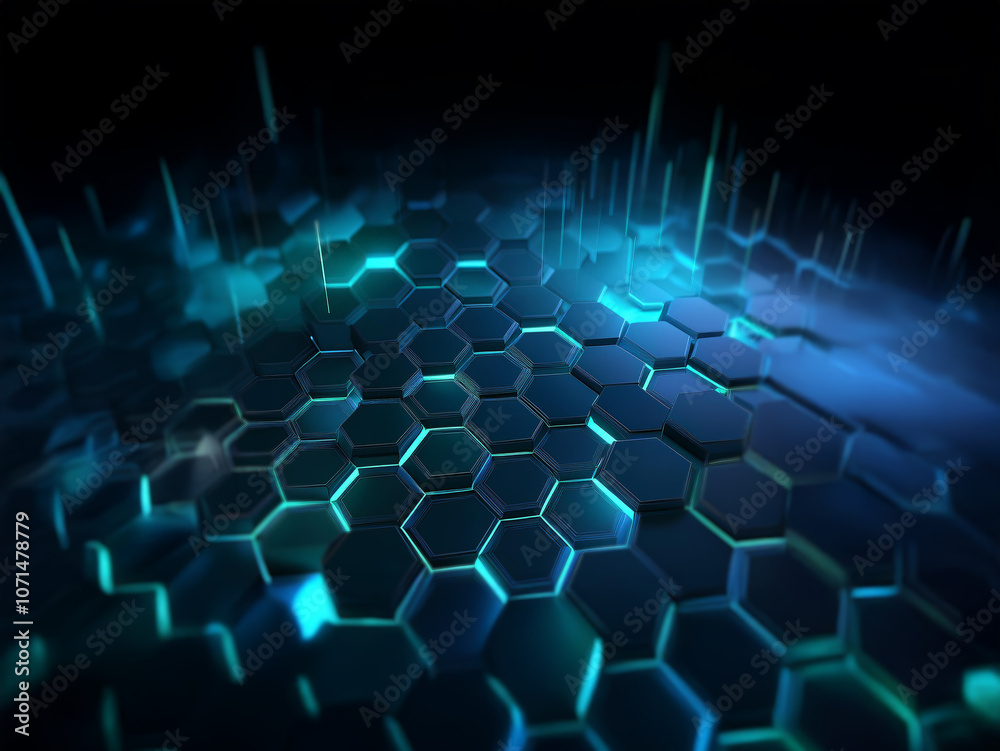 Poster Abstract hexagonal pattern with glowing blue lines emerging from a dark background.